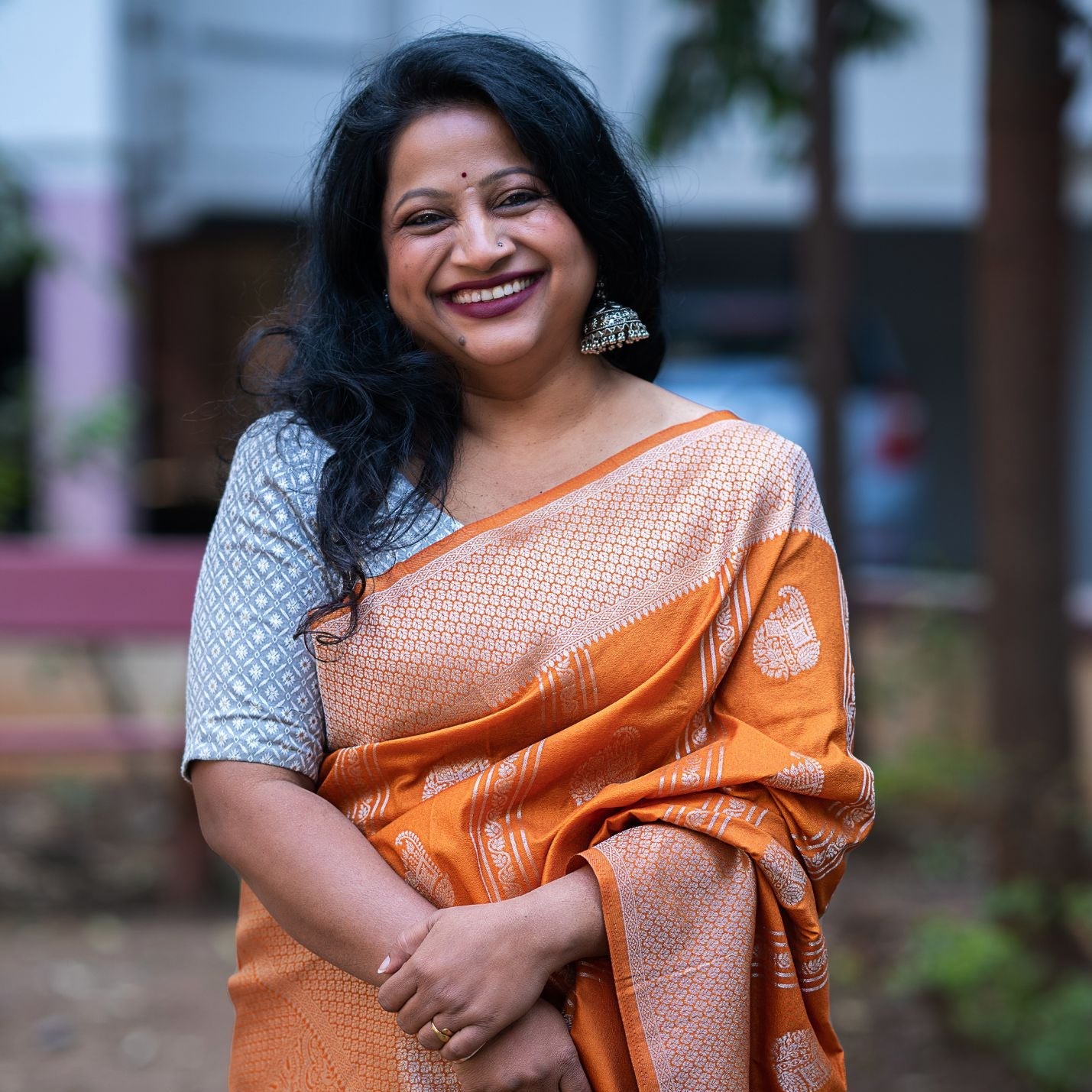 Soft Crepe Silk Saree (Orange) and Blouse Piece