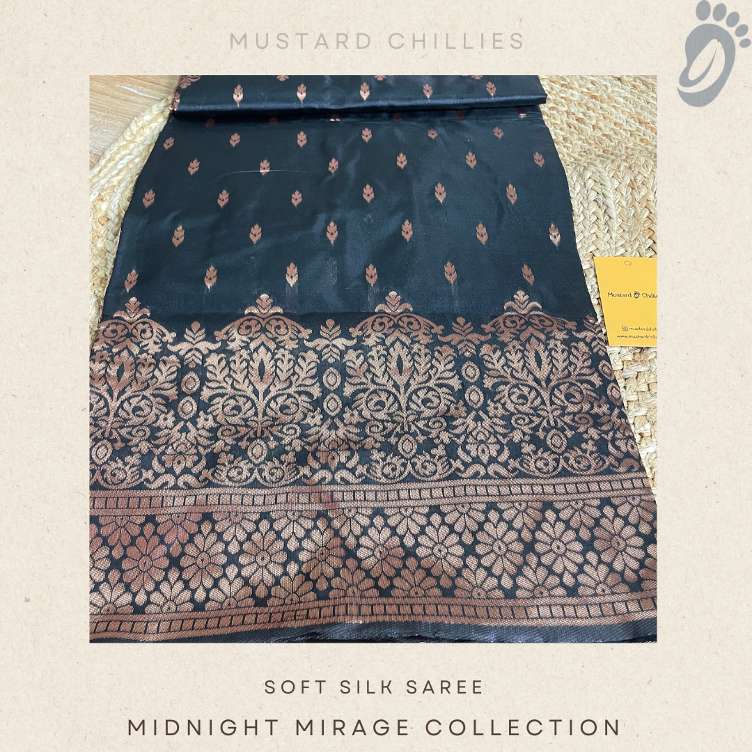 Soft Silk Saree With Copper Butta (Black) and Blouse Piece