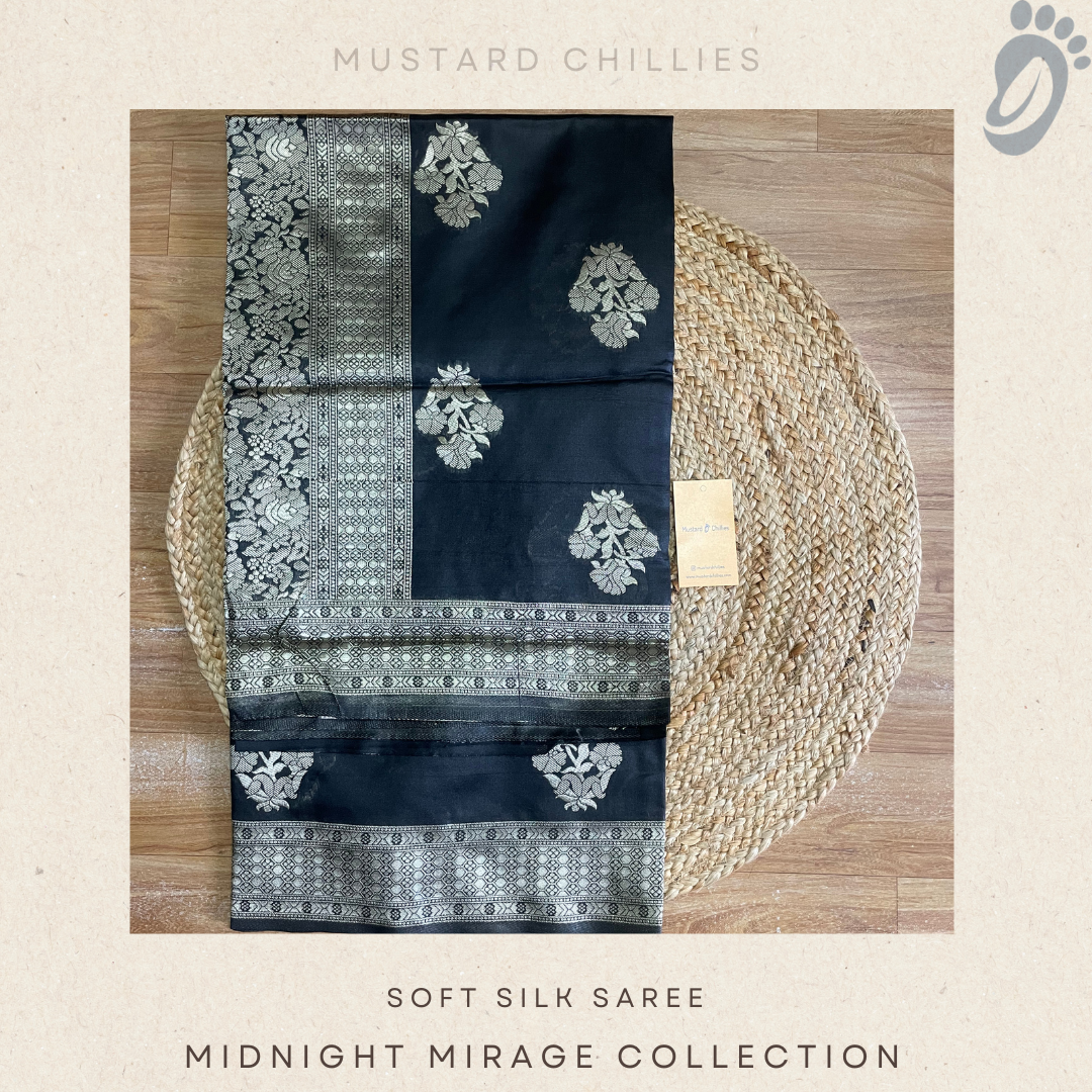 Soft Silk Saree With Banarasi Butta (Black) and Blouse Piece