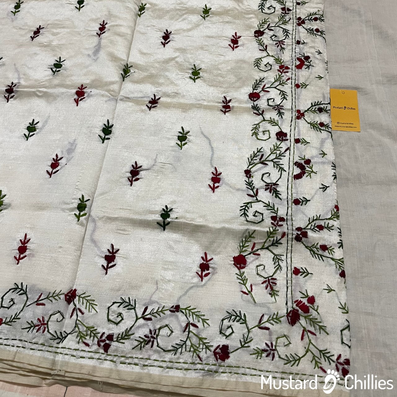 Raw Silk Saree With Kantha Stitch (White + Red) and Blouse Piece