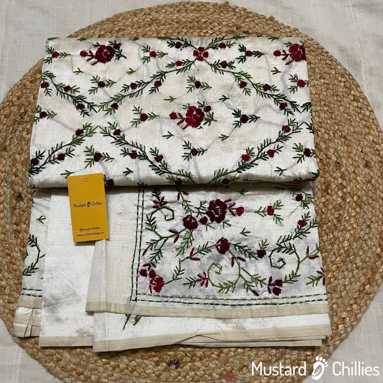 Raw Silk Saree With Kantha Stitch (White + Red) and Blouse Piece