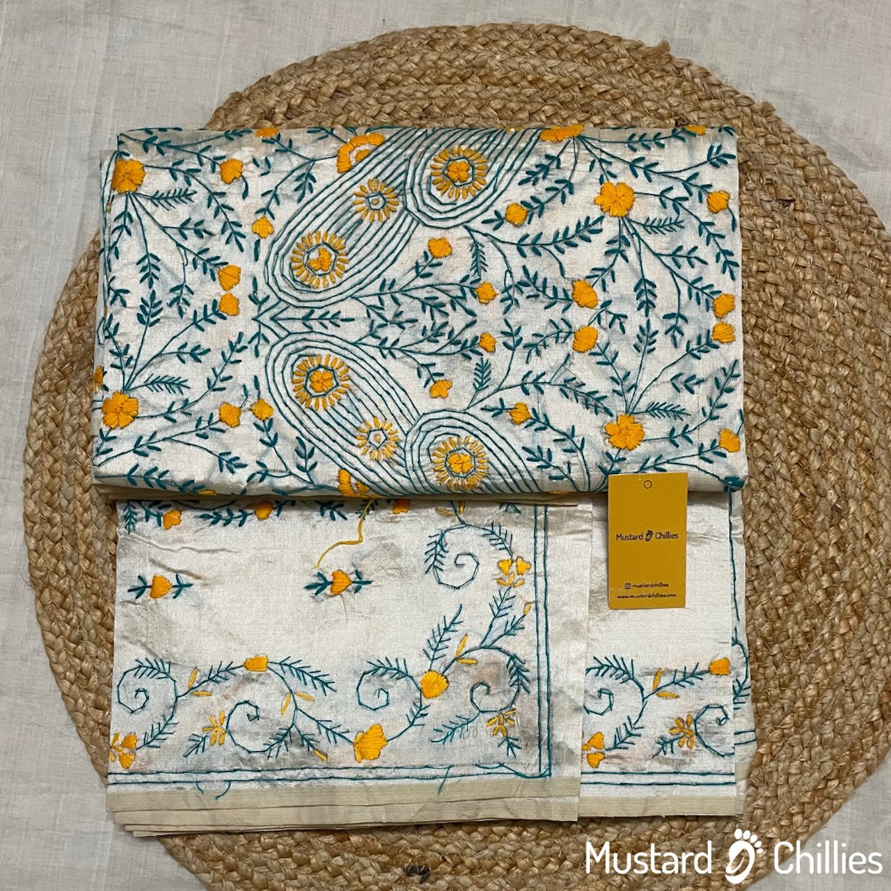 Raw Silk Saree With Kantha Stitch (White + Blue) and Blouse Piece