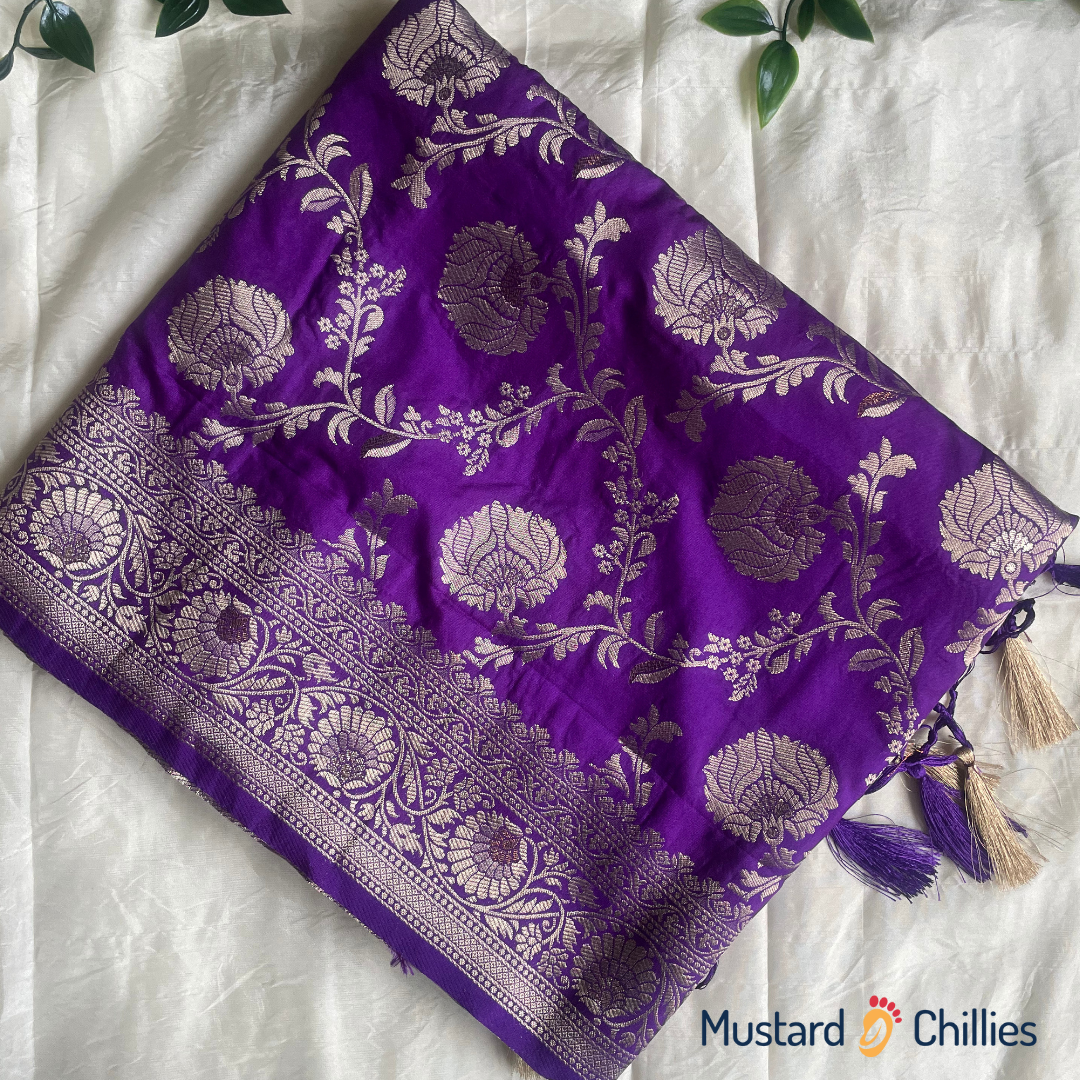 Dola Silk Saree With Banarasi Jhal Work (Deep Purple) and Blouse Piece