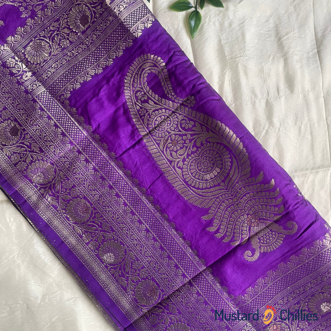 Dola Silk Saree With Banarasi Jhal Work (Deep Purple) and Blouse Piece