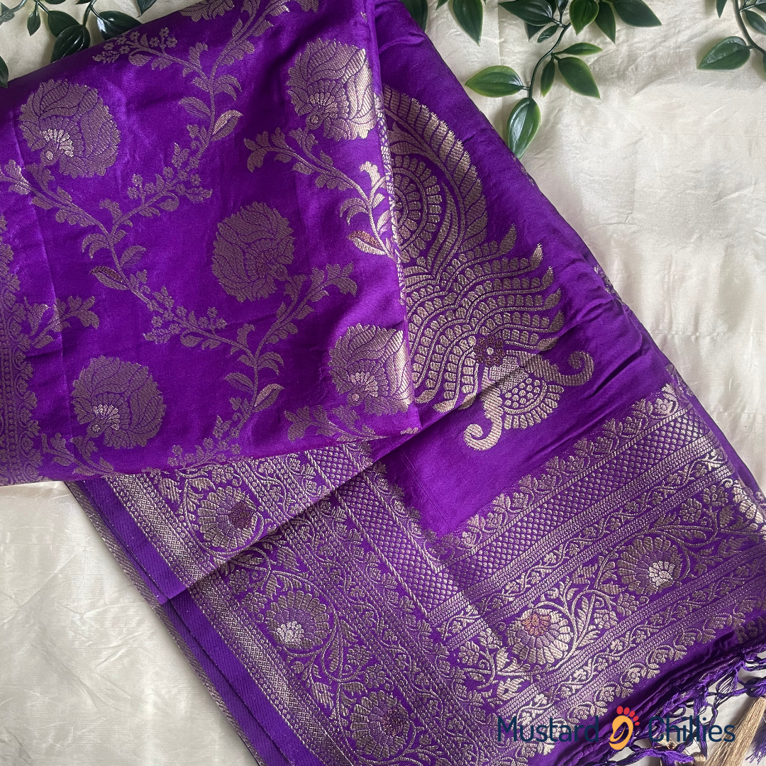 Dola Silk Saree With Banarasi Jhal Work (Deep Purple) and Blouse Piece