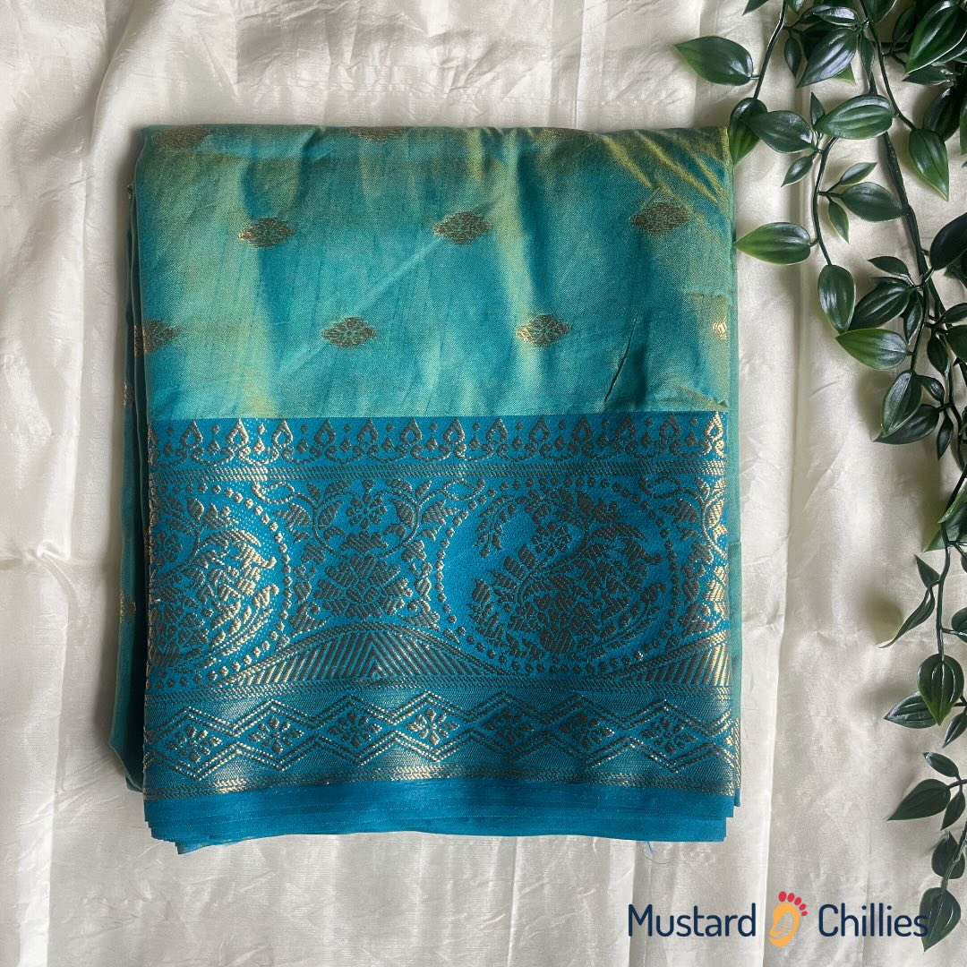 Kanchipuram Saree (Sea Blue Dual Color) and Blouse Piece