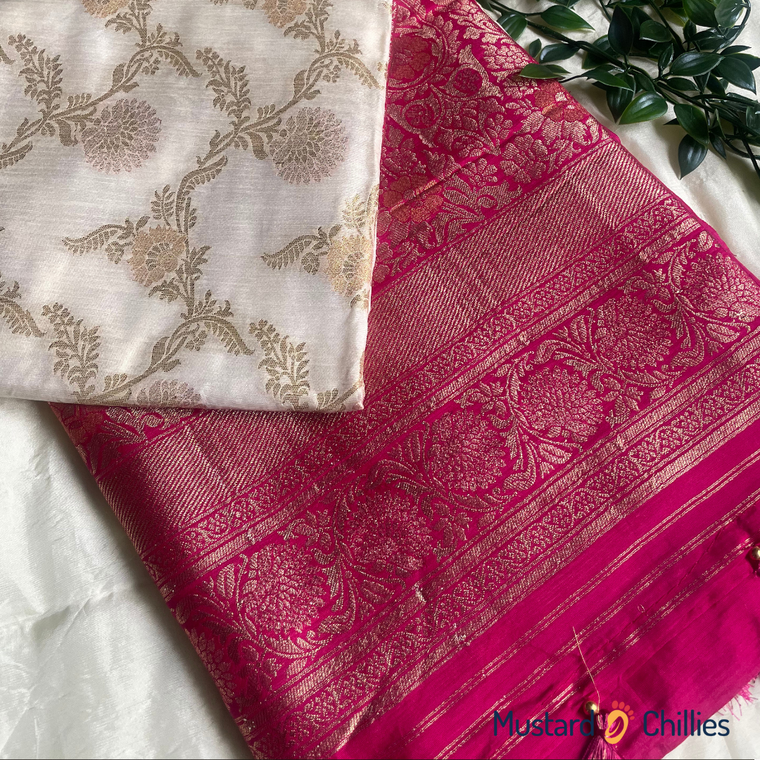 Dola Silk Saree With Banarasi Jhal Work (Off White + Rani Pink) and Blouse Piece