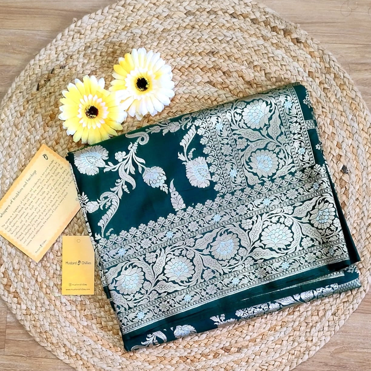 Banarasi Pure Katan Silk Saree (Bottle Green) and Blouse Piece