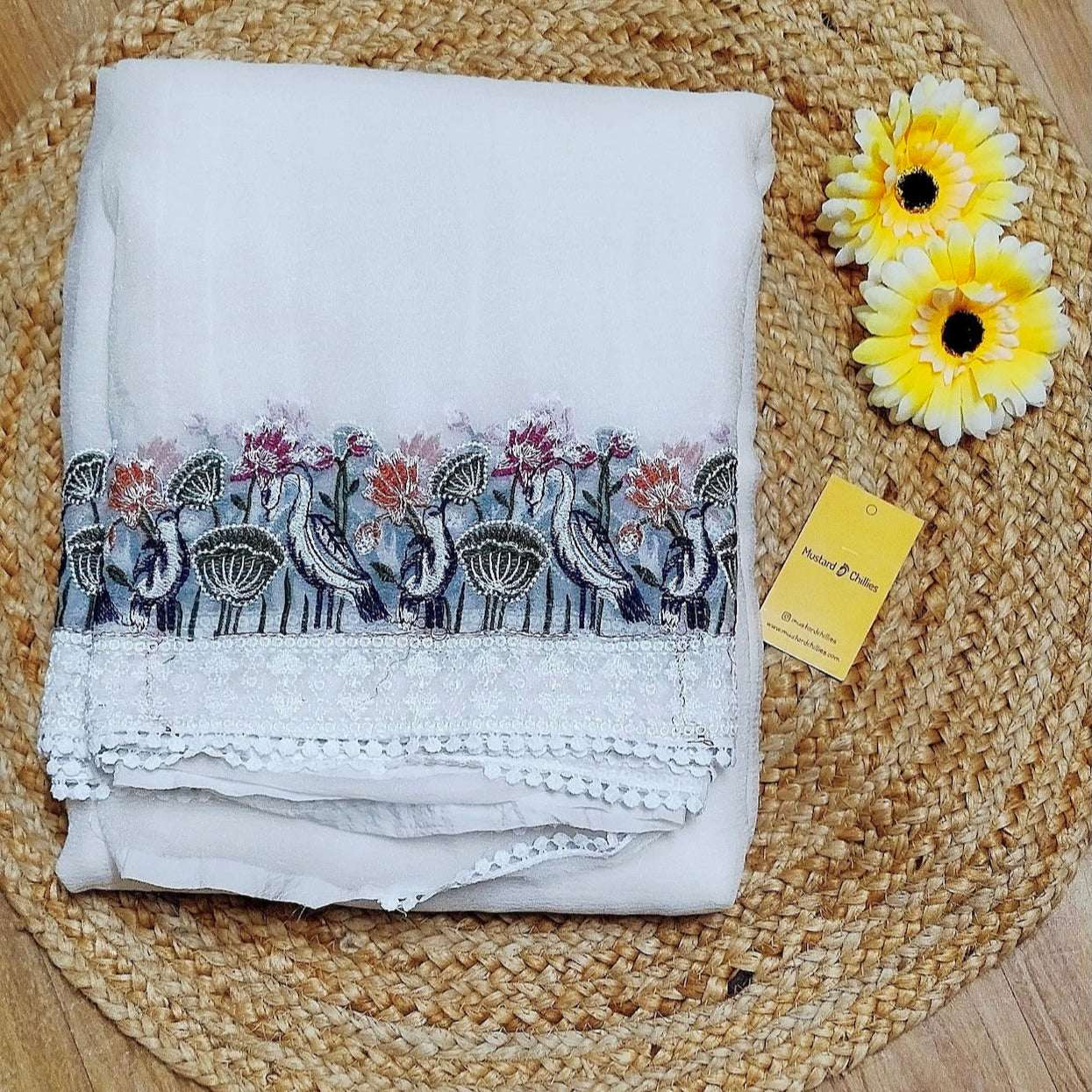 Crepe Tissue Saree With Embroidery (White) and Blouse Piece