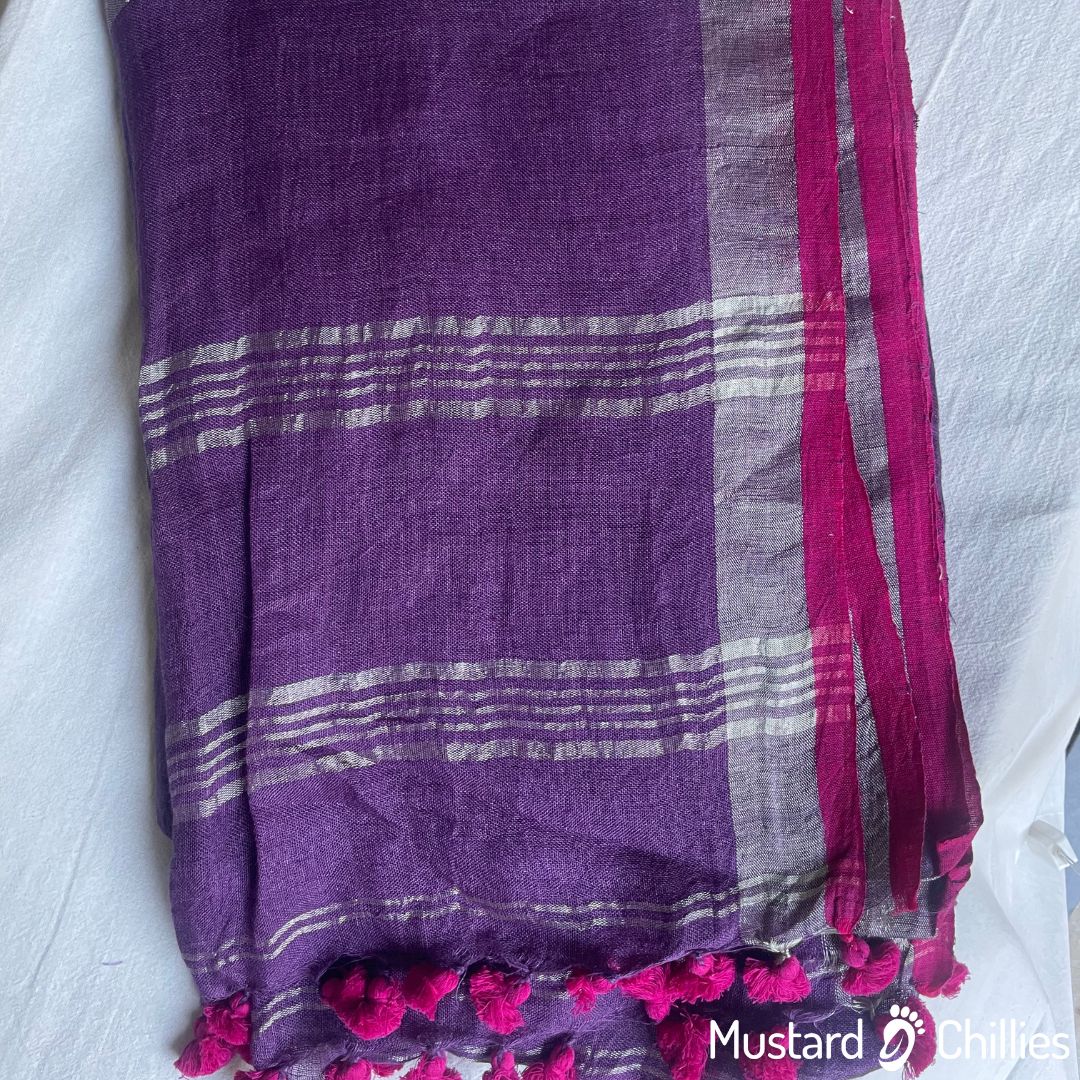 Linen Jute Blended Saree With Border (Violet) and Blouse Piece