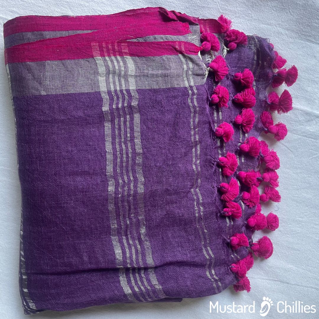 Linen Jute Blended Saree With Border (Violet) and Blouse Piece