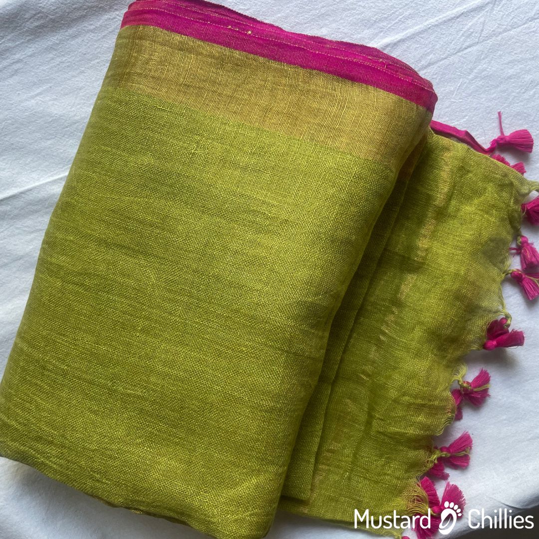Linen Jute Blended Saree With Border (Light Green) and Blouse Piece