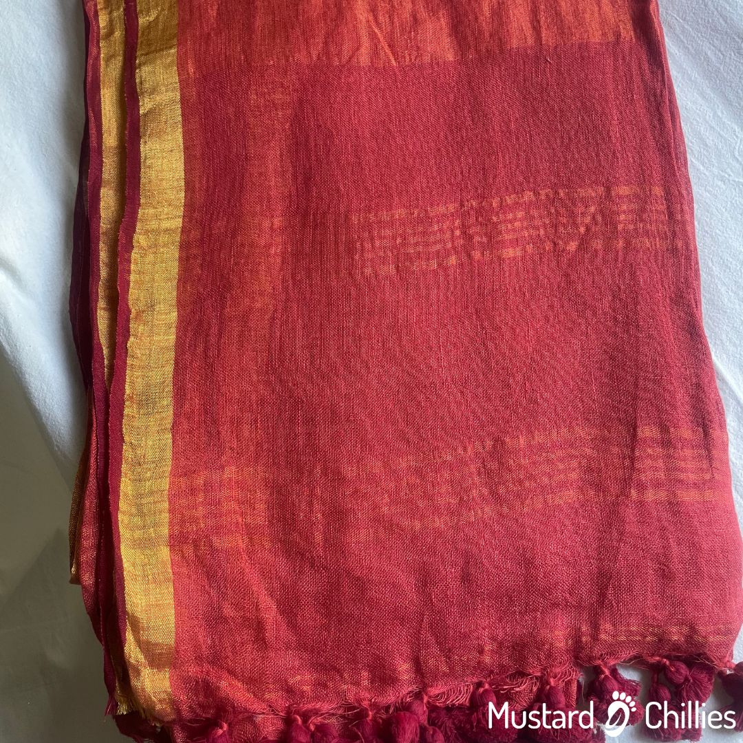 Linen Jute Blended Saree With Border (Red) and Blouse Piece