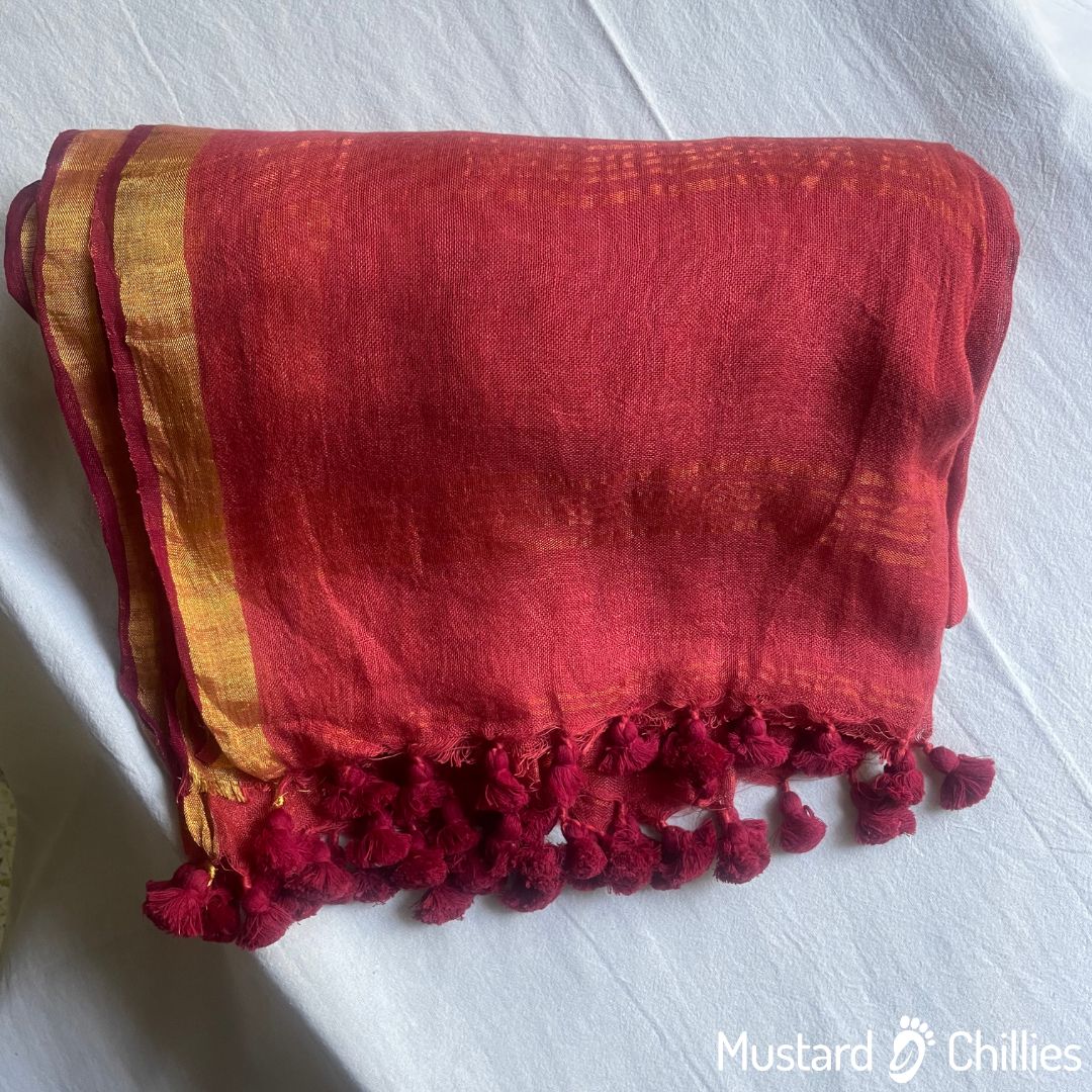 Linen Jute Blended Saree With Border (Red) and Blouse Piece