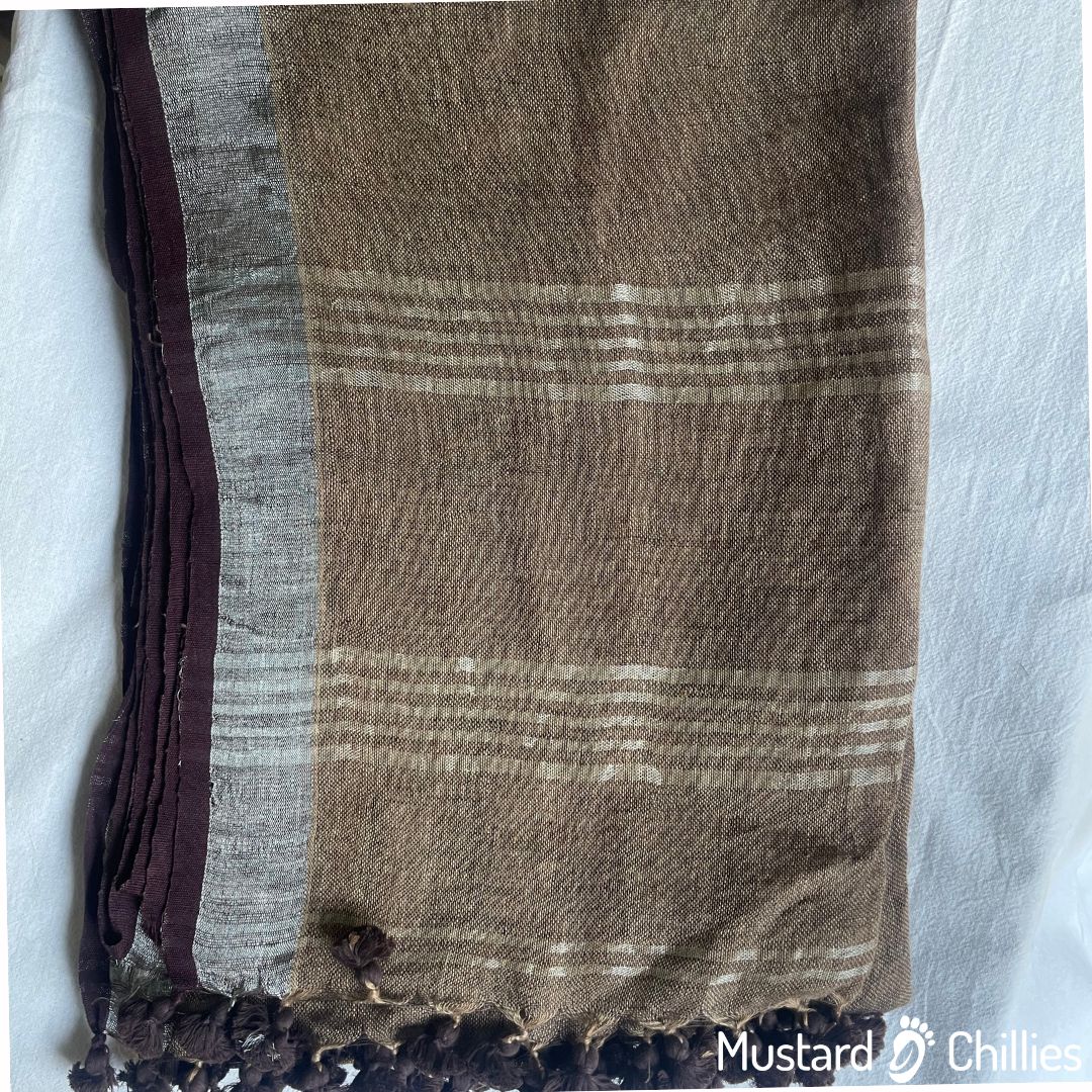 Linen Jute Blended Saree With Border (Brown) and Blouse Piece