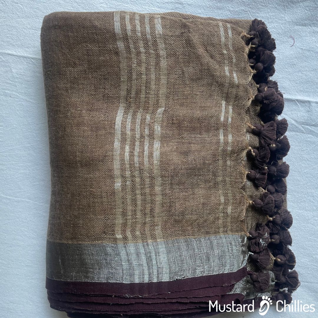 Linen Jute Blended Saree With Border (Brown) and Blouse Piece