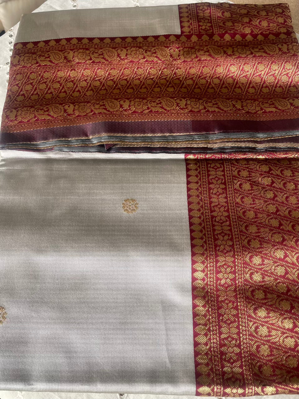 Soft Silk Kanchipuram Saree (Grey + Maroon) and Blouse Piece