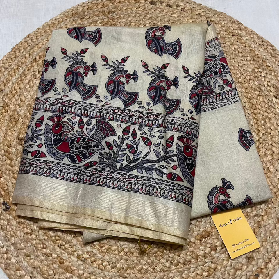 Madhubani Katan Silk Saree (Maroon) and Blouse Piece