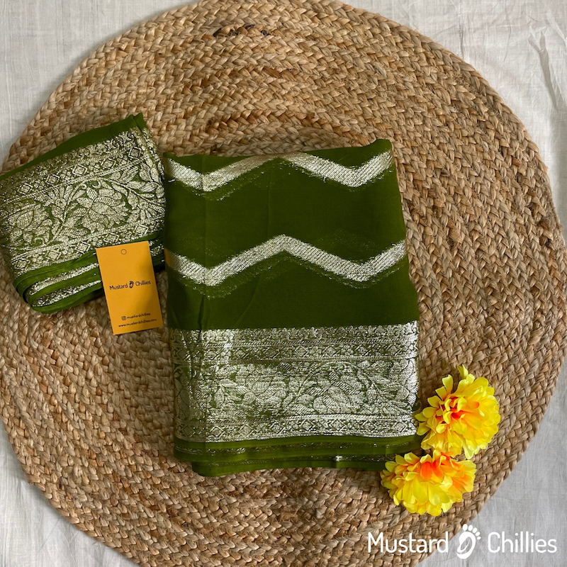 Viscose Georgette Saree (Moss) and Blouse Piece