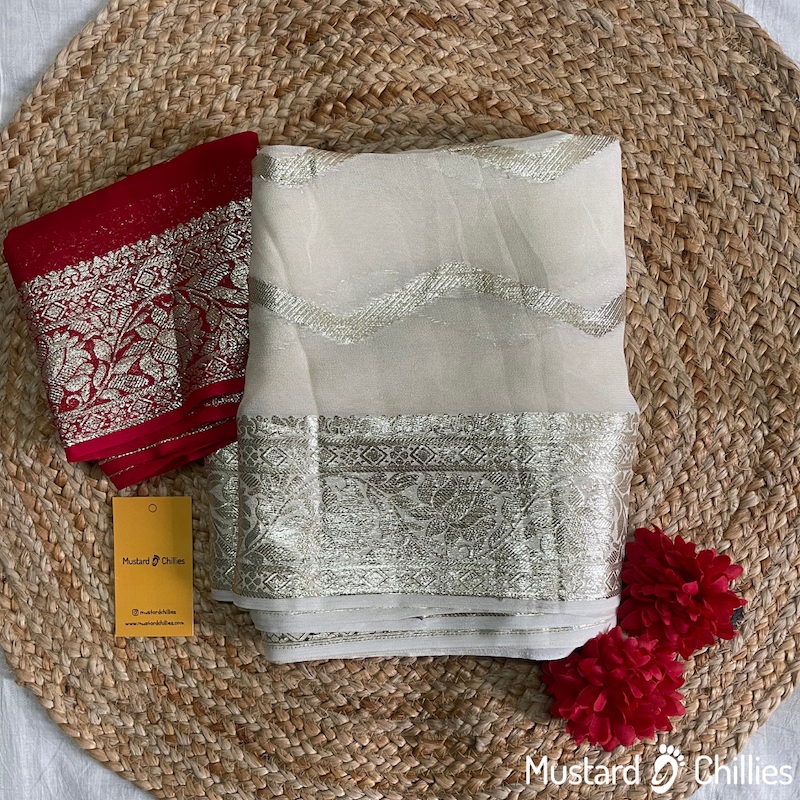 Viscose Georgette Saree (Off White) and Blouse Piece