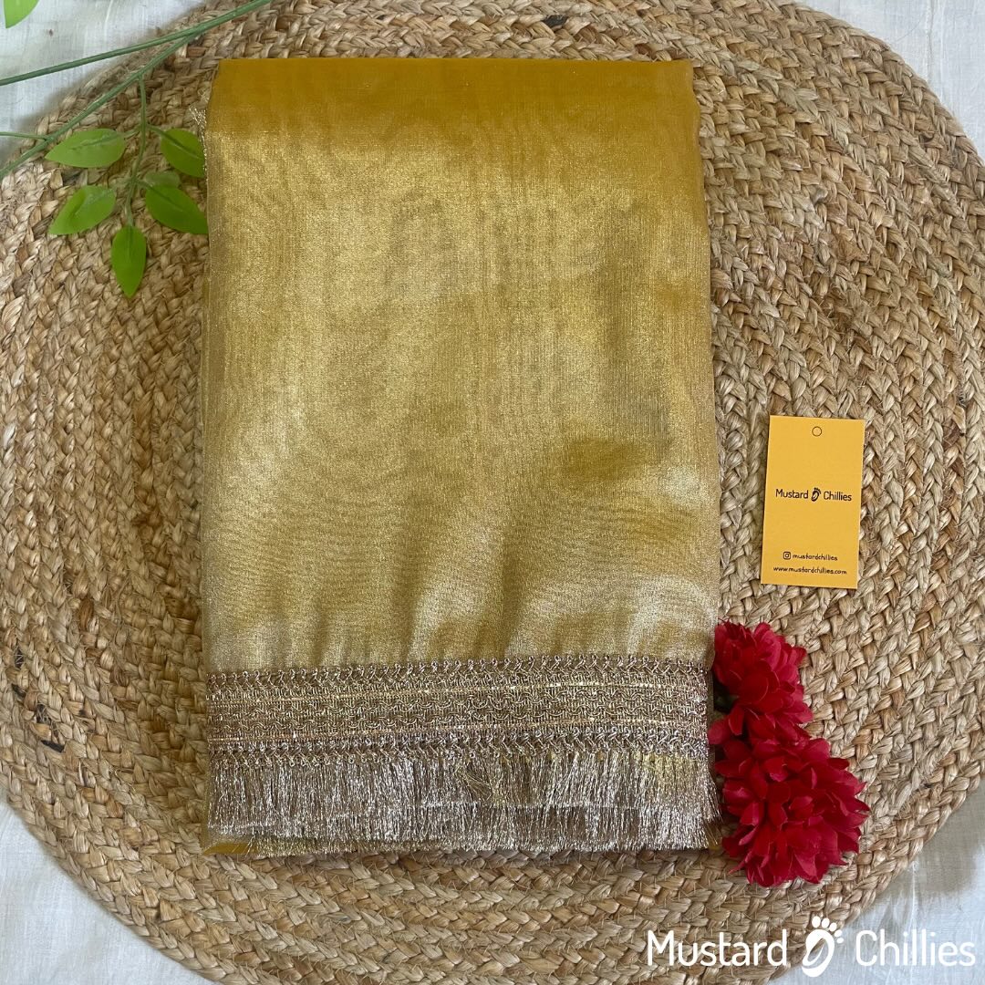 Heeramandi Inspired Glass Tissue Saree (Golden) and Blouse Piece