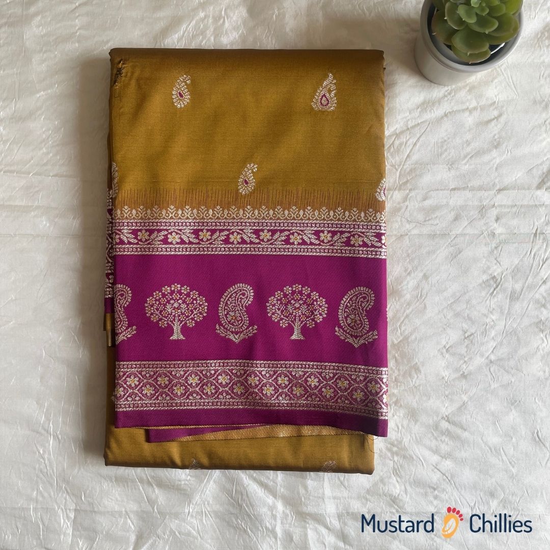 Narayanpethi Blended Saree With Pink Border (Mustard) and Blouse Piece