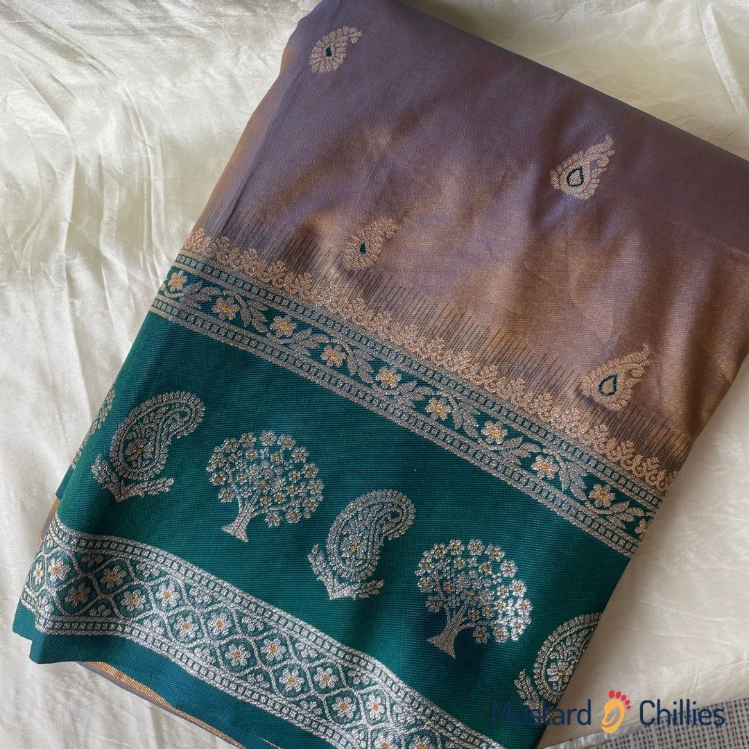 Narayanpethi Blended Saree With Deep Teal Green Border (Muted Mauve) and Blouse Piece
