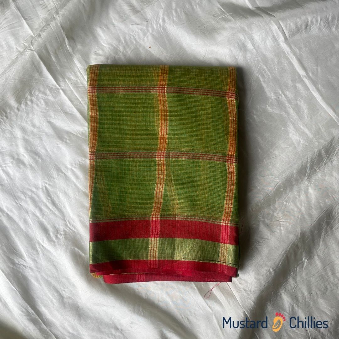 Checked Kota Saree With Red Border (Olive Green) and Blouse Piece