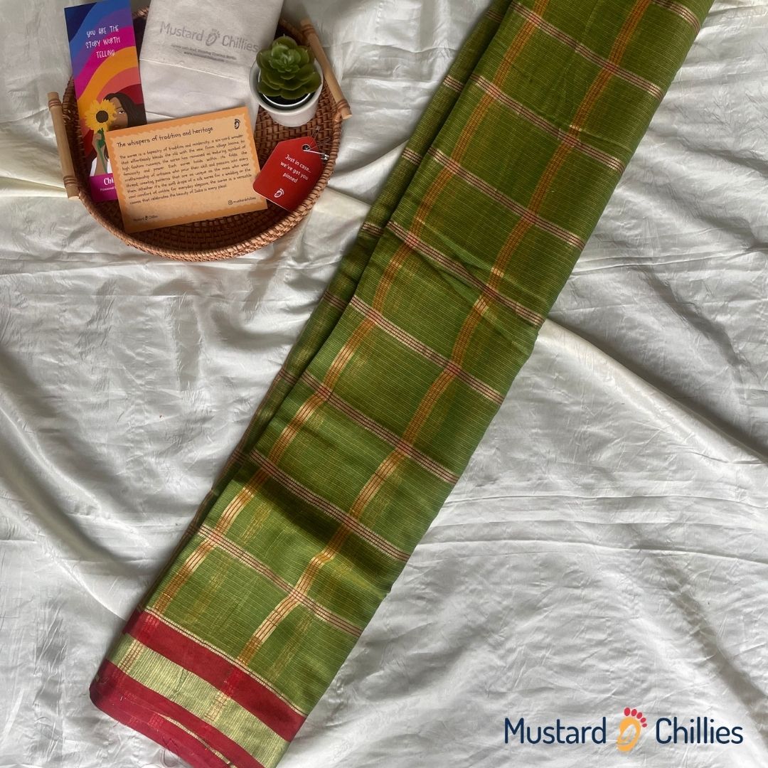 Checked Kota Saree With Red Border (Olive Green) and Blouse Piece