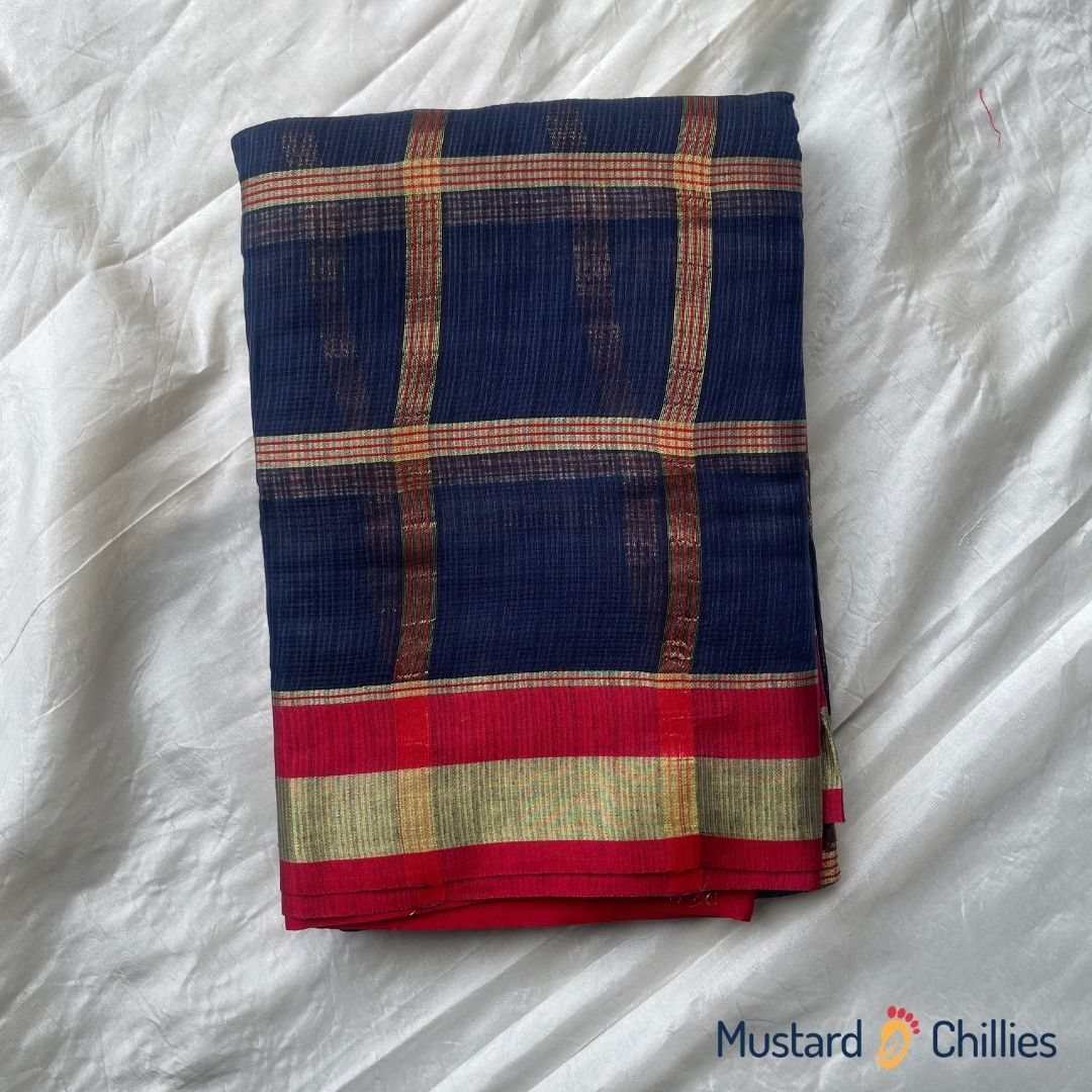 Checked Kota Saree With Red Border (Dark Blue) and Blouse Piece