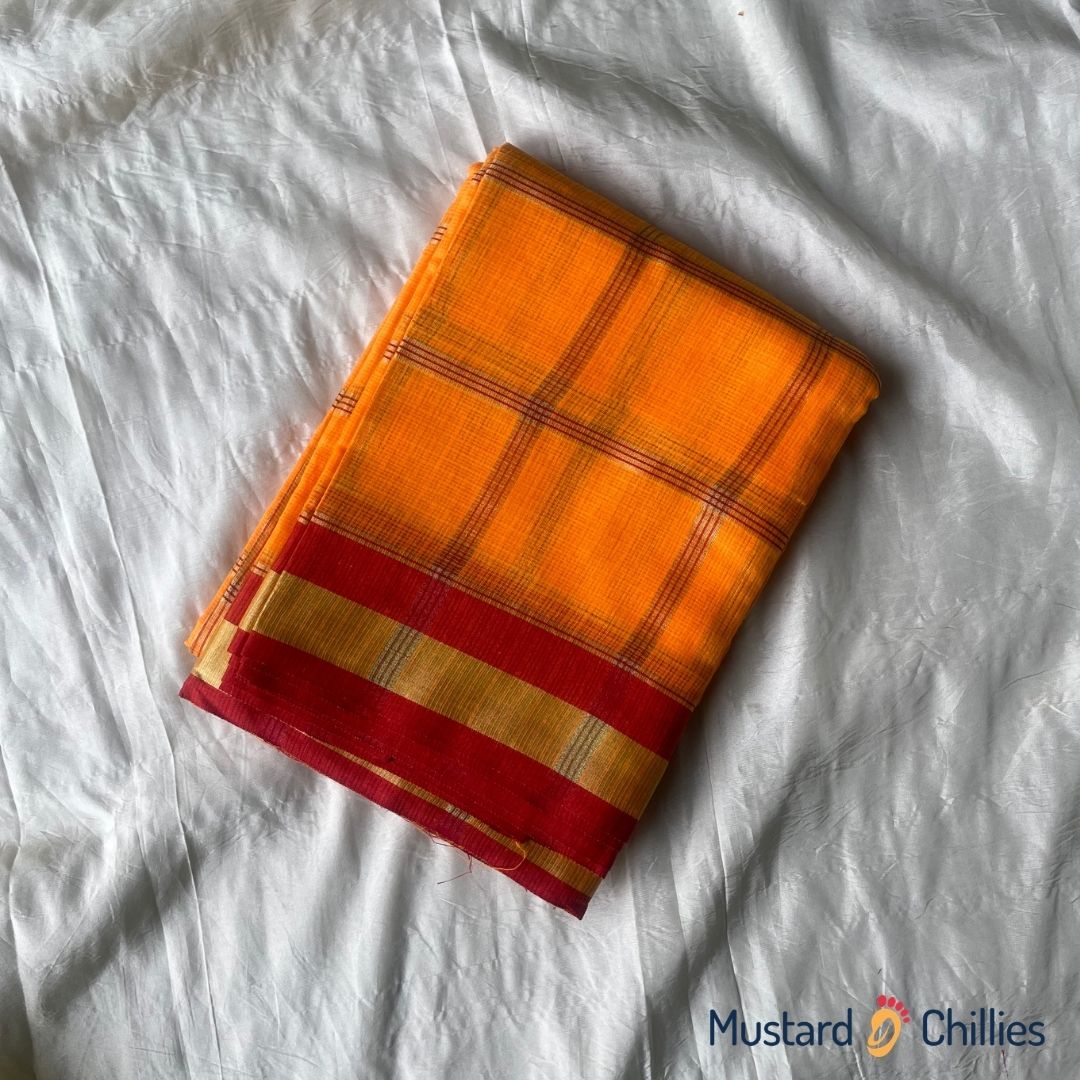 Checked Kota Saree With Red Border (Orange) and Blouse Piece