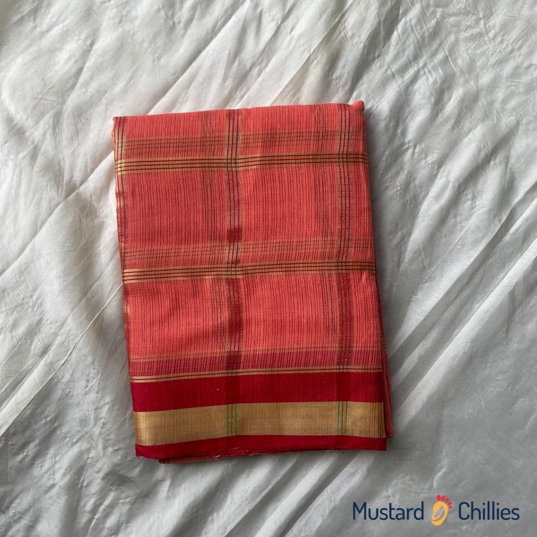 Checked Kota Saree With Red Border (Peach) and Blouse Piece