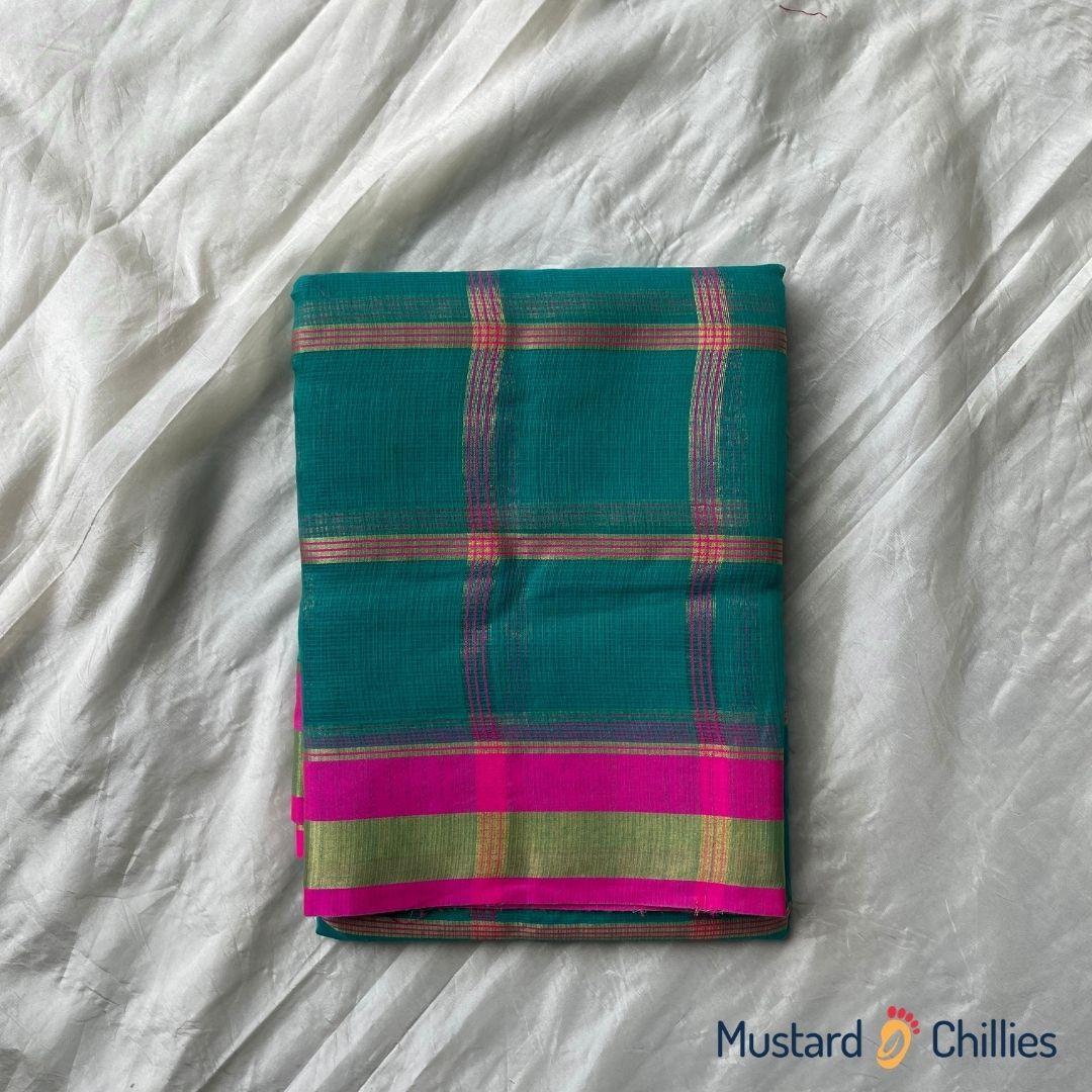 Checked Kota Saree With Hot Pink Border (Teal) and Blouse Piece