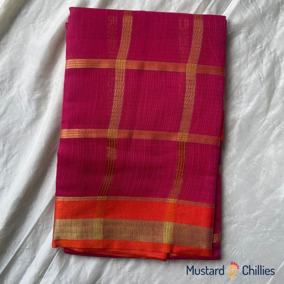 Checked Kota Saree With Orange Border (Rani Pink) and Blouse Piece
