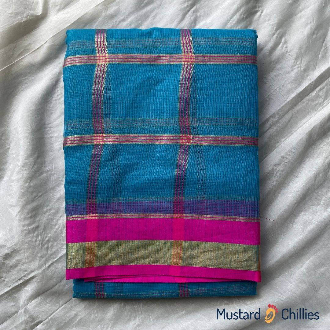 Checked Kota Saree With Hot Pink Border (Sky Blue) and Blouse Piece
