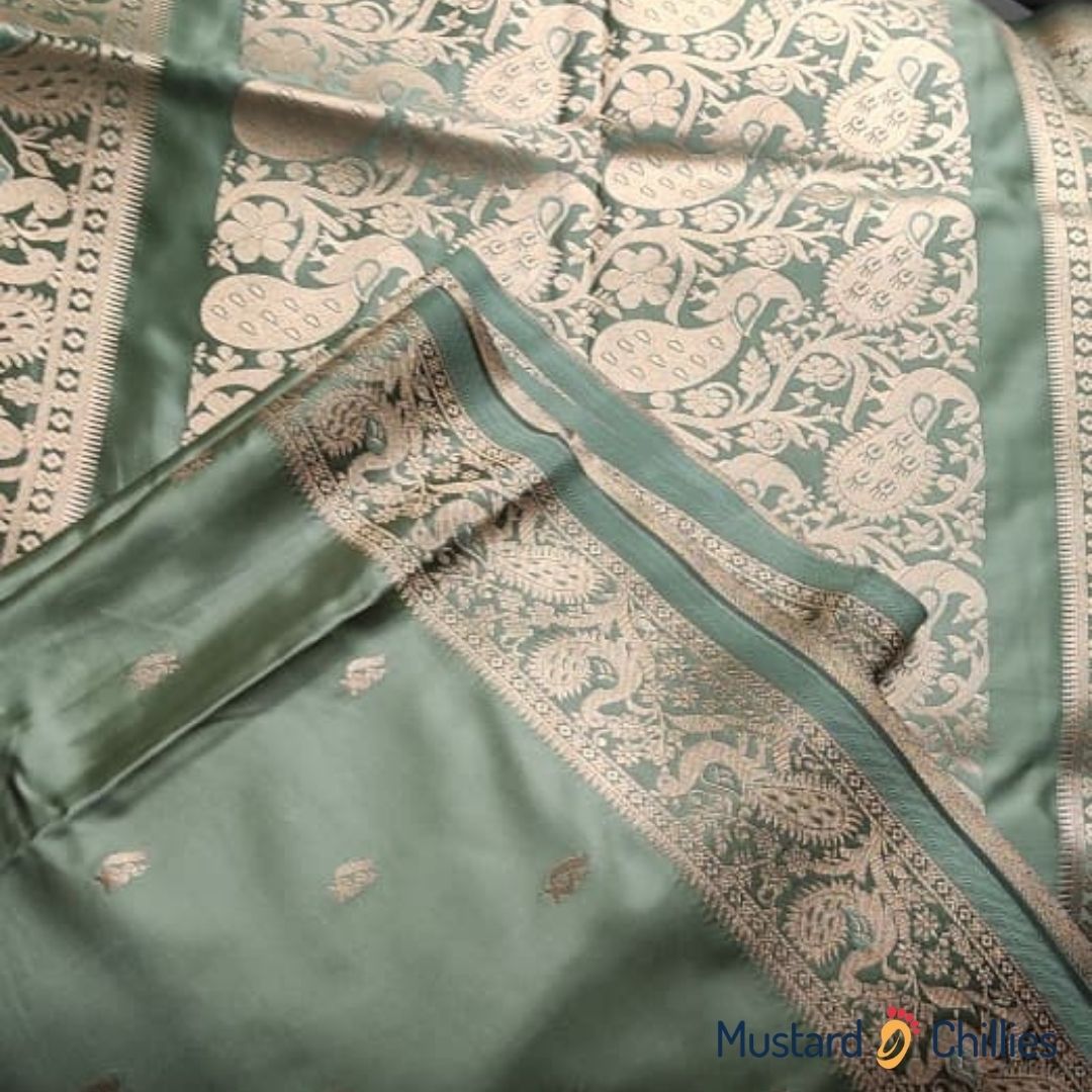 Stain Silk Tissue Paithani With Lotus Border (Mint Green) and Blouse Piece