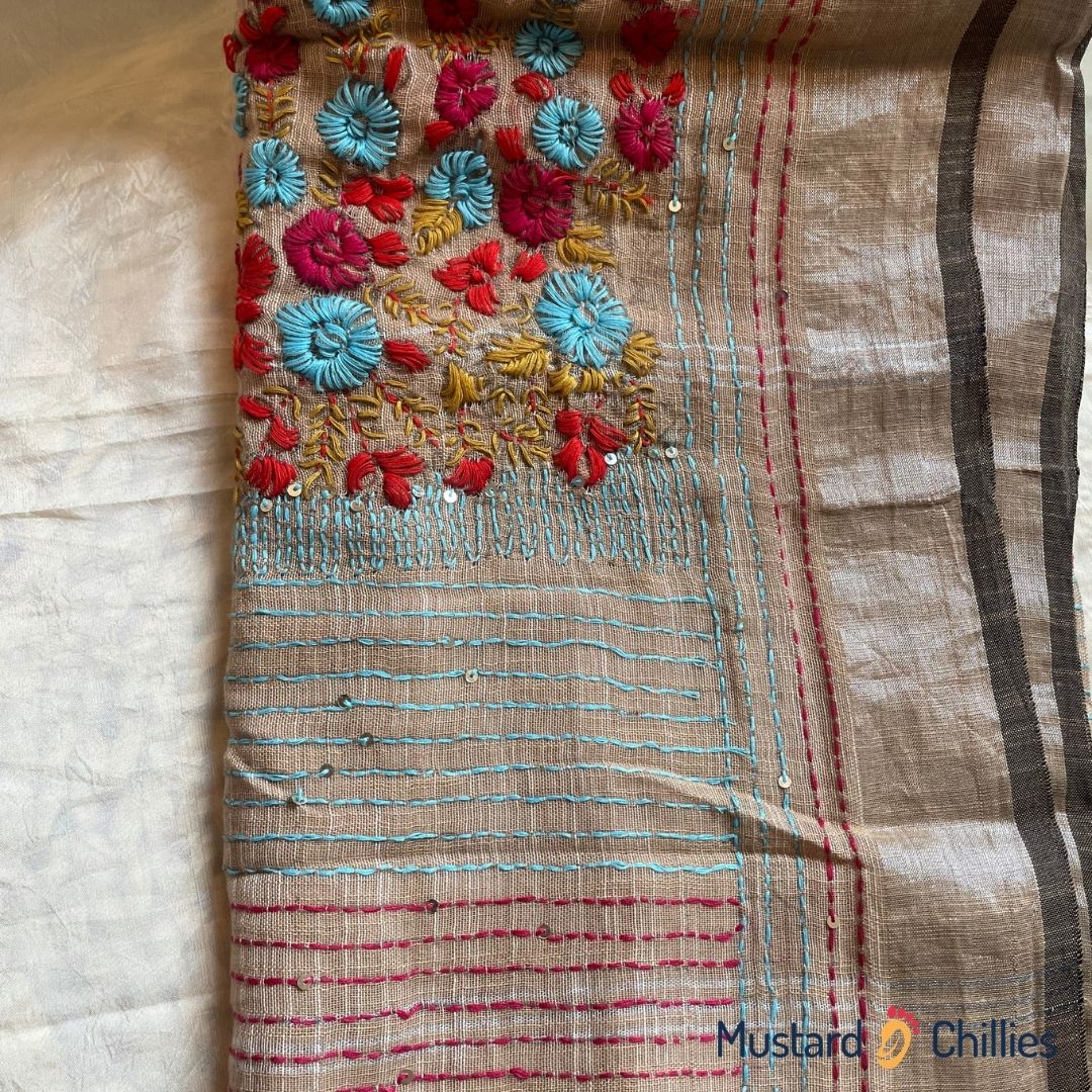 Linen Saree With Thread Work (Light Brown) and Blouse Piece