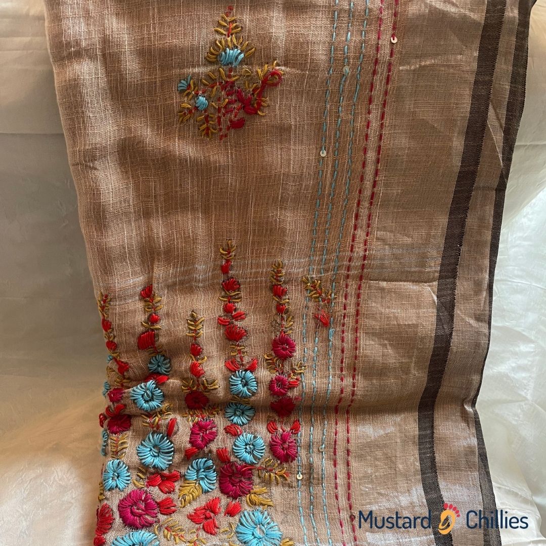 Linen Saree With Thread Work (Light Brown) and Blouse Piece