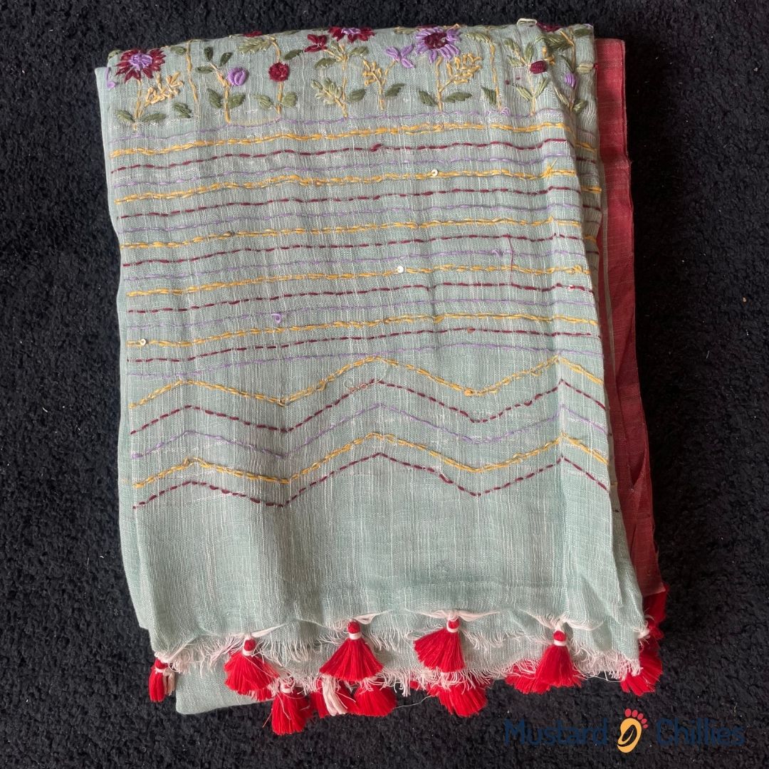 Linen Saree With Thread Work (Light Mint) and Blouse Piece