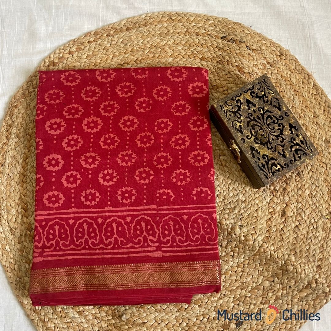 Ajrakh Chanderi Saree (Red) and Blouse Piece