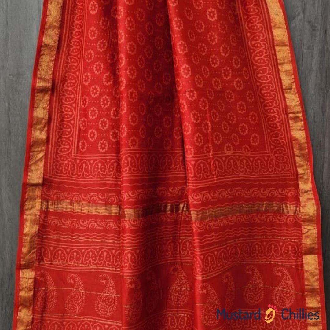 Ajrakh Chanderi Saree (Red) and Blouse Piece