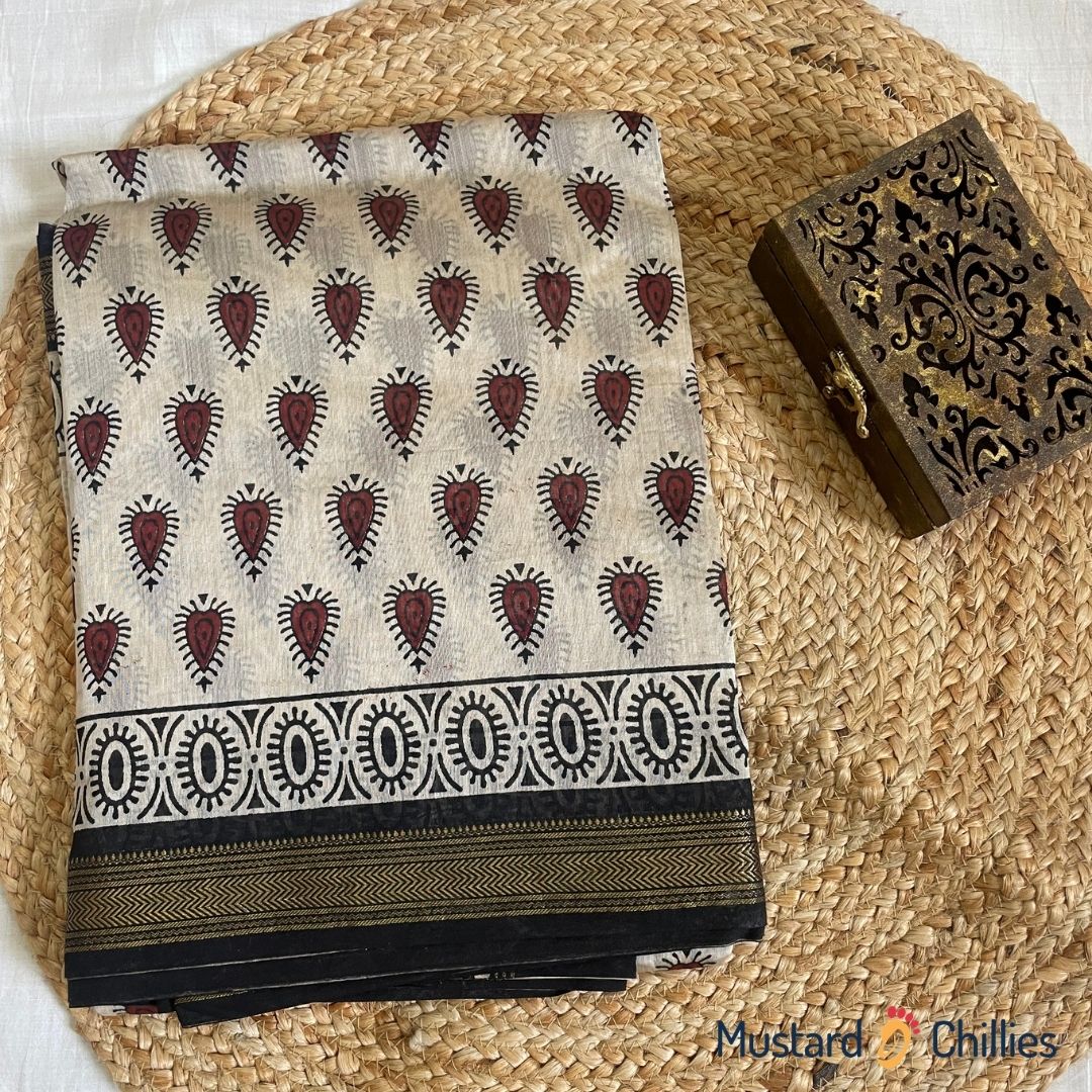 Ajrakh Chanderi Saree (Off White) and Blouse Piece