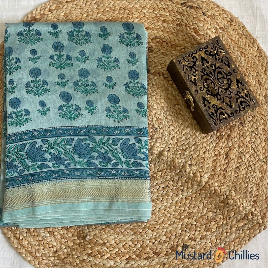 Ajrakh Chanderi Saree (Teal Blue) and Blouse Piece