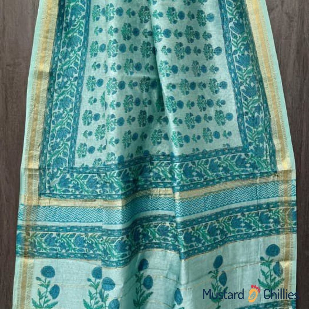 Ajrakh Chanderi Saree (Teal Blue) and Blouse Piece