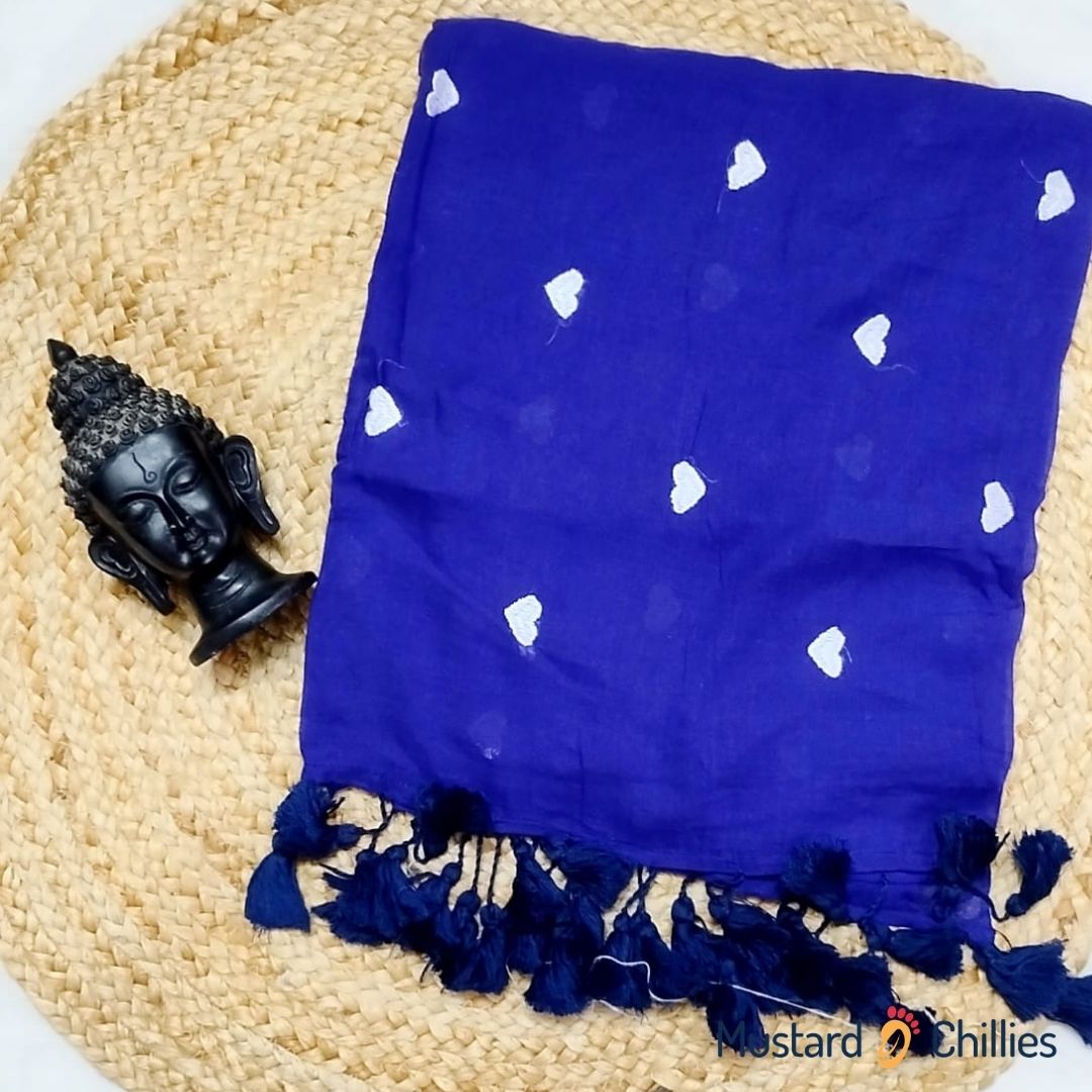 Mulmul Cotton Saree (Royal Blue) and Blouse Piece