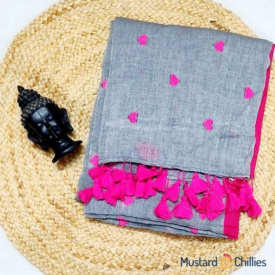 Mulmul Cotton Saree (Grey) and Blouse Piece