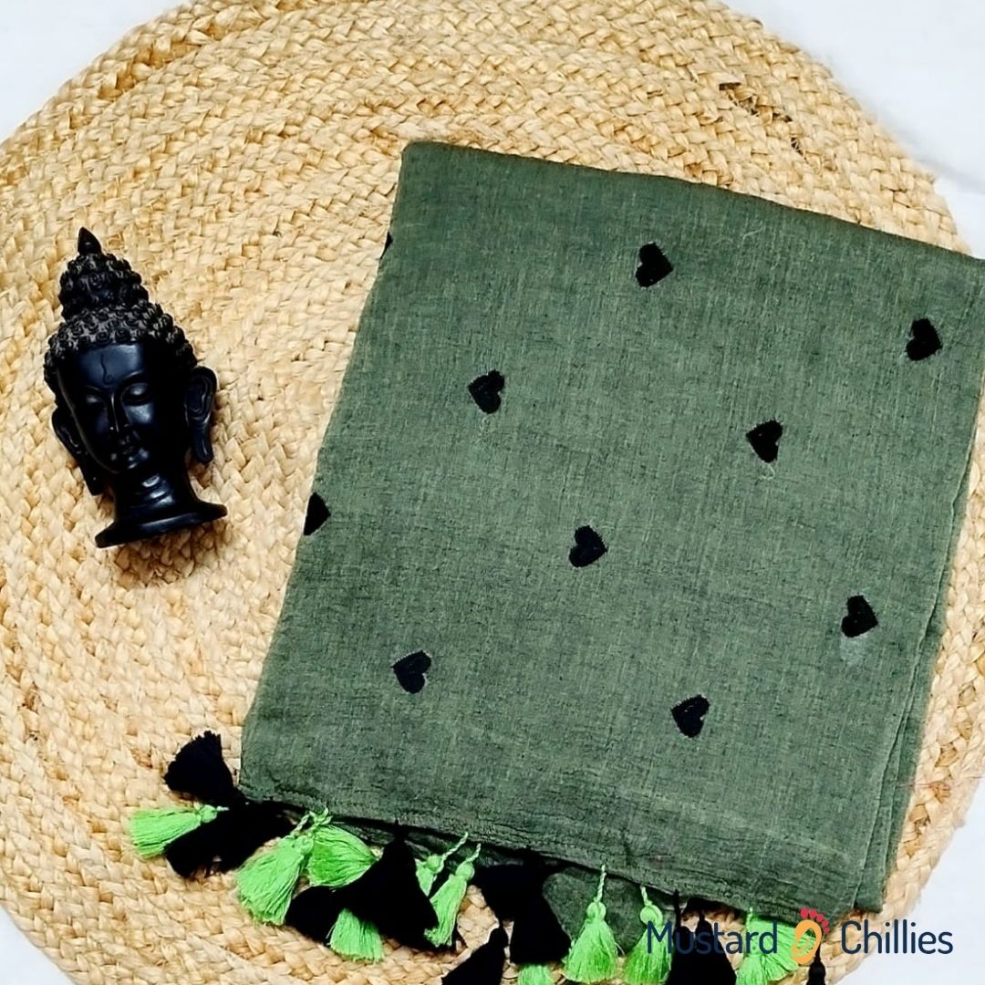 Mulmul Cotton Saree (Olive Green) and Blouse Piece