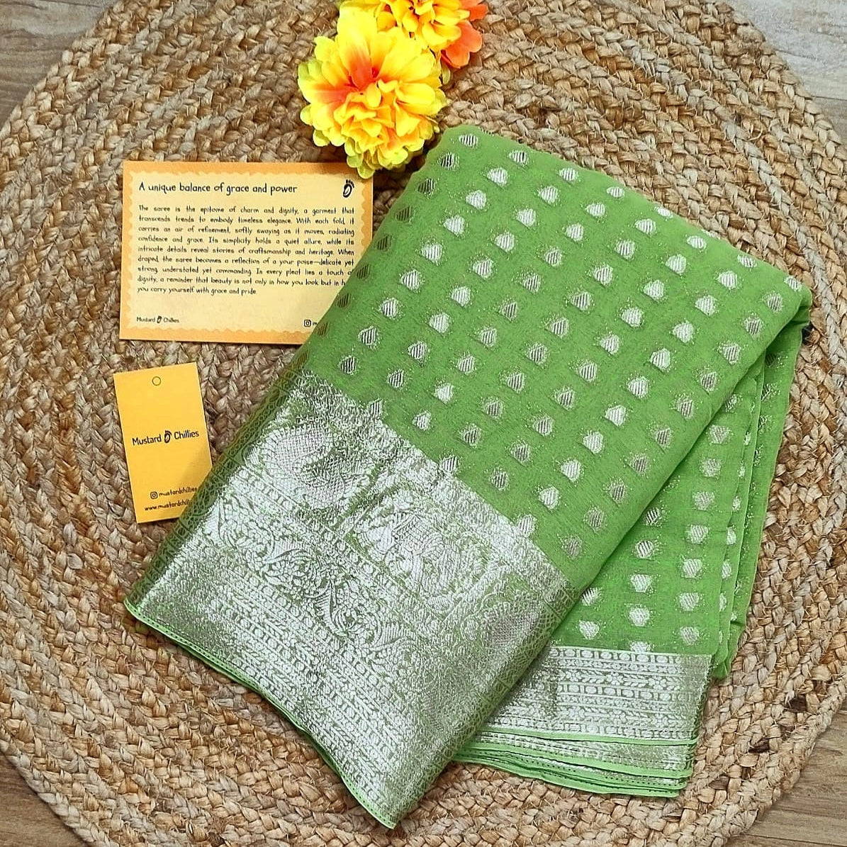 Georgette Saree (Parrot Green) and Blouse Piece