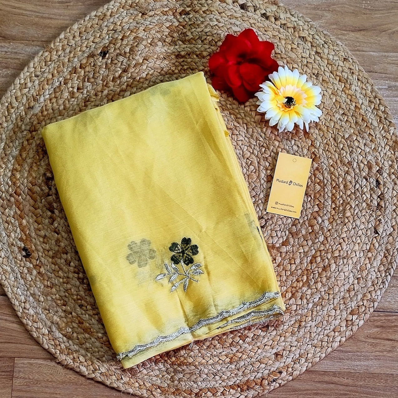 Crepe Satin Saree With Floral Embroidery (Lemon Yellow) and Blouse Piece