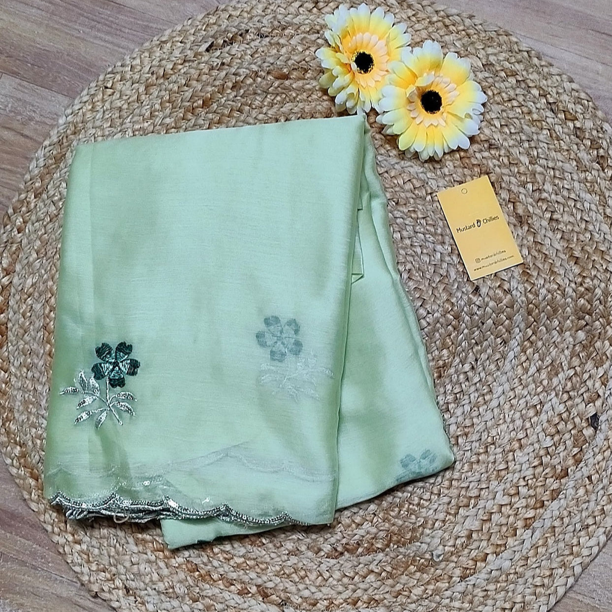 Crepe Satin Saree With Floral Embroidery (Light Green) and Blouse Piece